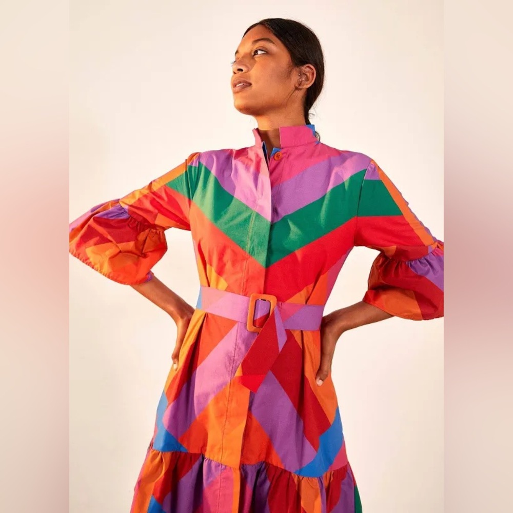 FARM Rio Amanda Stripes Mini Ruffle Buttoned Mock Neck Bell Sleeve Dress - Picture 9 of 15